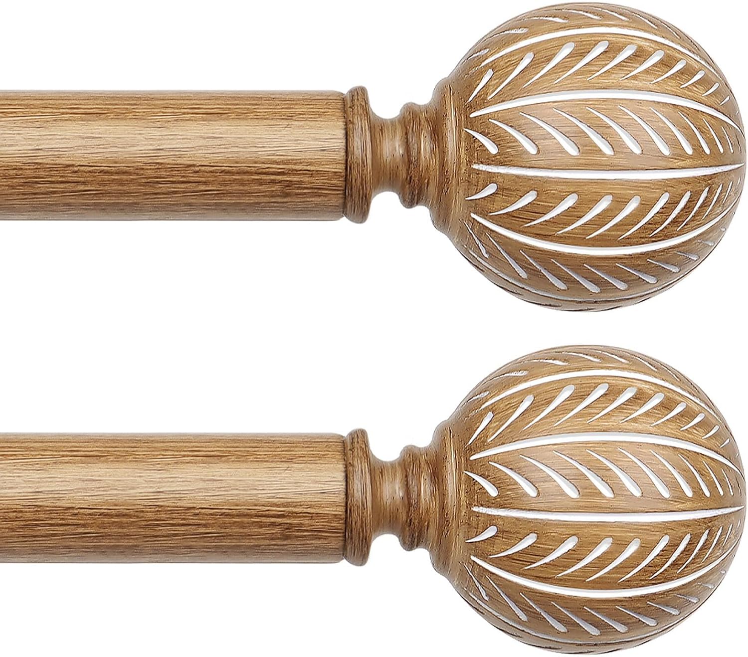 KAMANINA 2 Pack Wood Curtain Rods for Windows 48 to 84 Inch(4-7ft), 1 Inch Adjustable Drapery Rod, Decorative Heavy Duty Curtain Rods with Leaf Pattern Finials, Wood Grain
