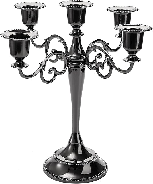 YOUEON 5 Arms Candelabra, 26.4 cm Tall Glossy Black Candlestick Holder, Gothic Candelabra Candle Holder for 2.5 cm Diameter Pillar Candles, Centerpiece for Wedding, Church, Fireplace, Halloween
