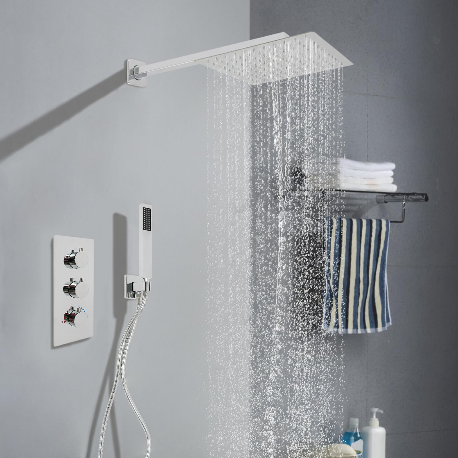 Duscharmatur Unterputz Gold, 25 cm Regendusche Set mit Handbrause, Unterputz Armatur Dusche aus Messing, Unterputz Duschsystem Komplettset für Bad, Hotel & Dusche (Silber)