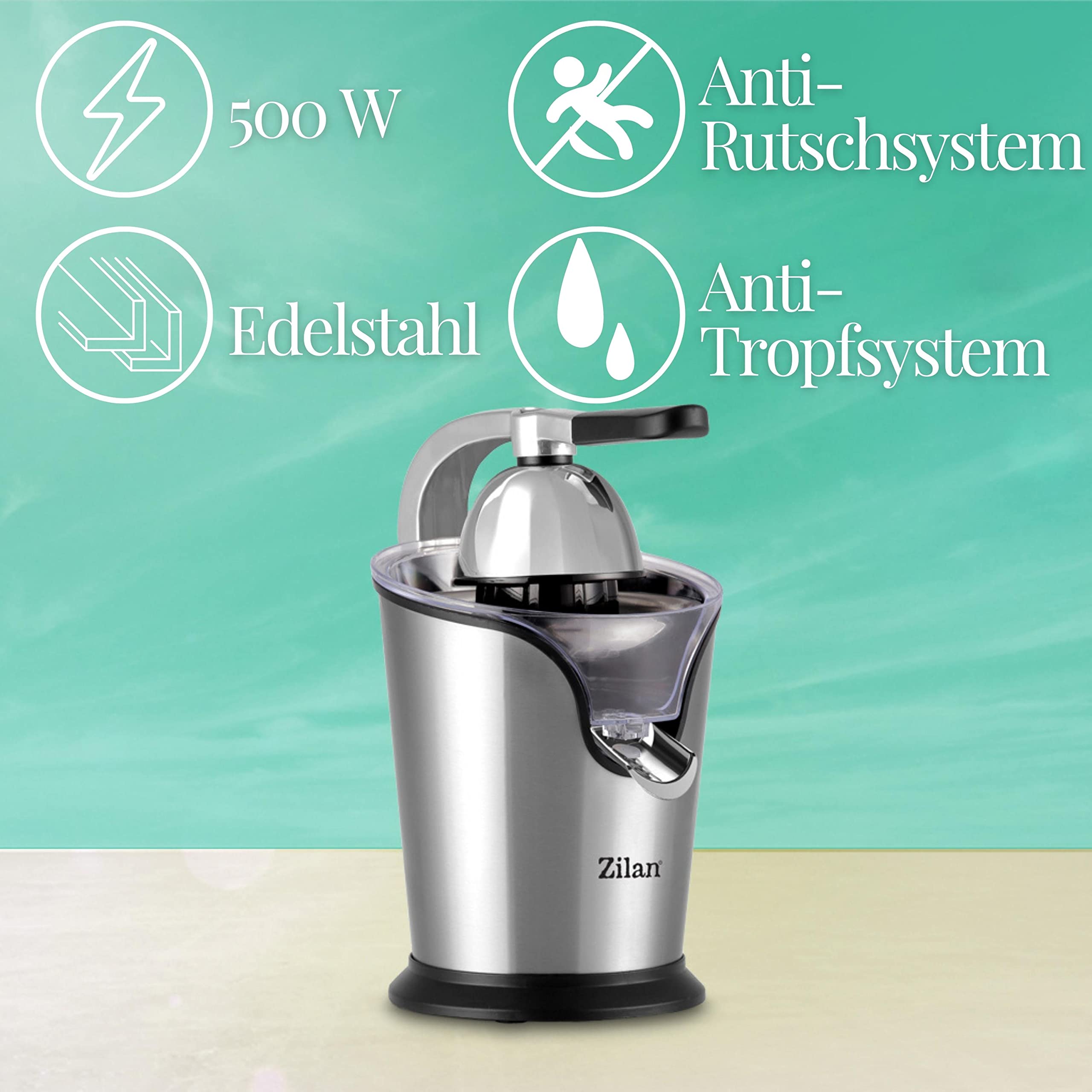 Spremiagrumi elettrico | 2 capsule | motore Longlife | 500 Watt | filtro in acciaio inox | acciaio inossidabile | spremiagrumi elettrico | spremiagrumi | startstop automatico