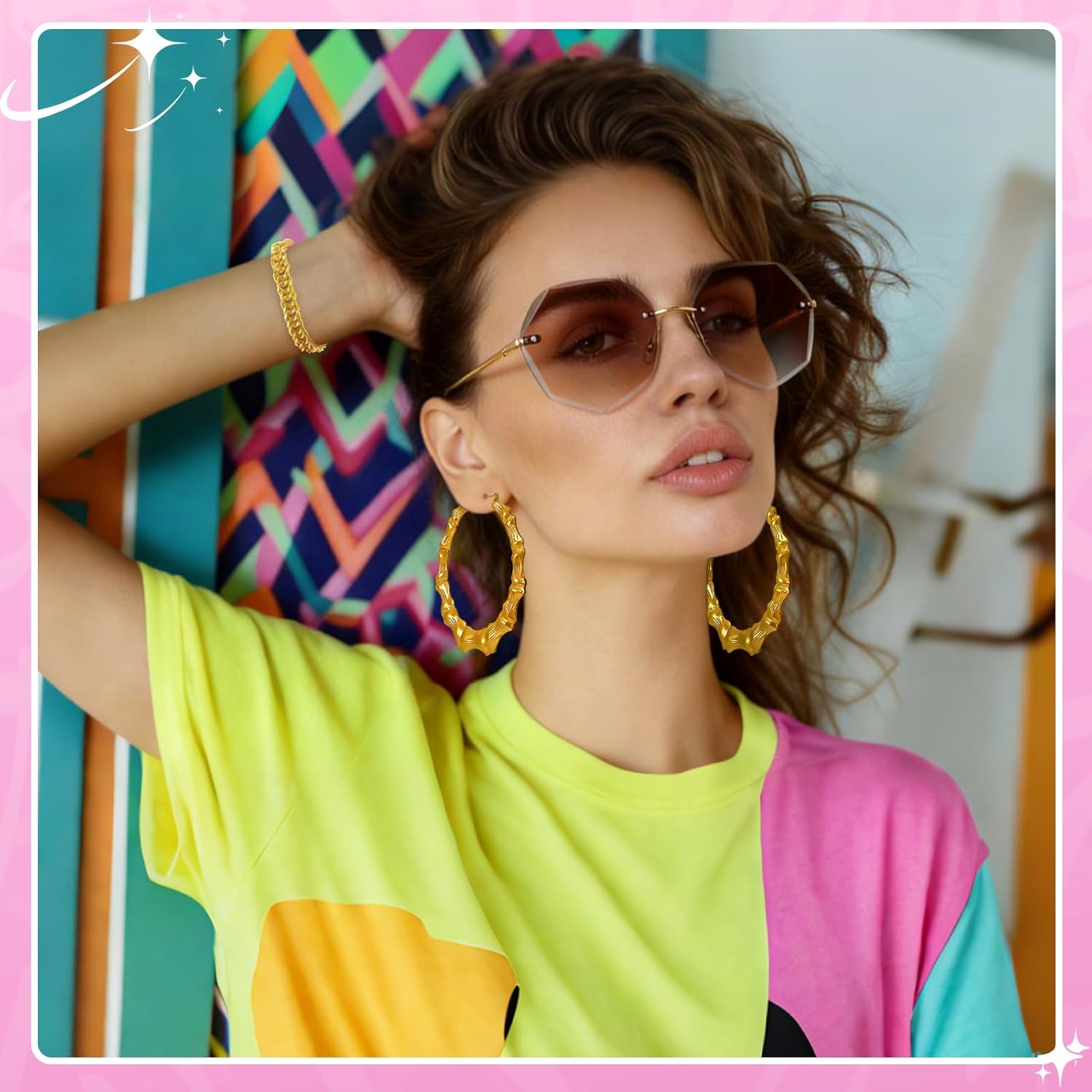 JATEBI 90s Outfits Accessories for Women Men, 80s Hip Hop Costume Kit Old School Rapper Outfits Headband Sunglasses Ring Gold Chain Bracelet Bamboo Hoop Earring - Image 6