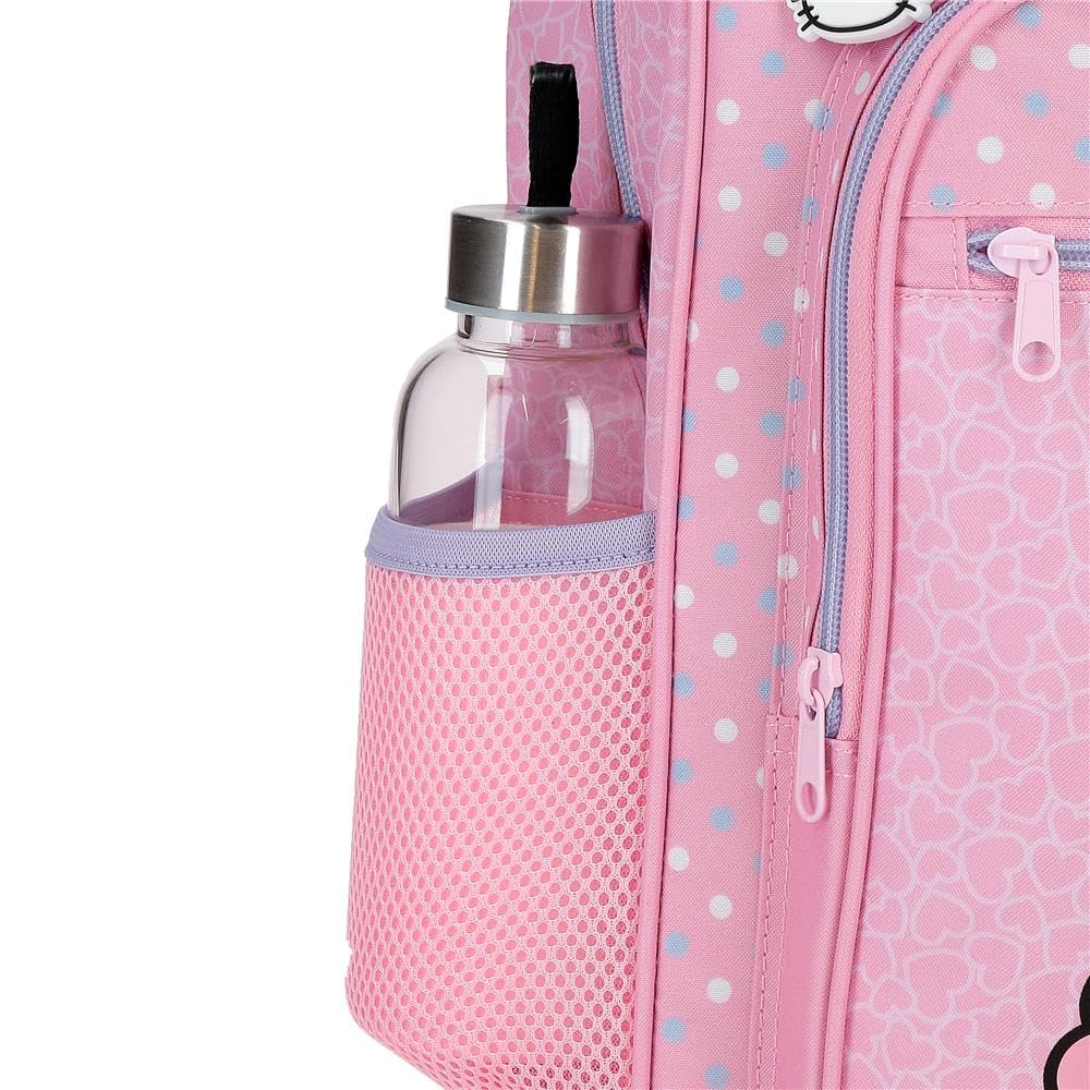 Sac à dos d'école Hello Kitty Hearts & Dots, sac à dos rose pour enfant, en polyester, compartiment principal avec poche intérieure, bretelles larges, ergonomiques et rembourrées.