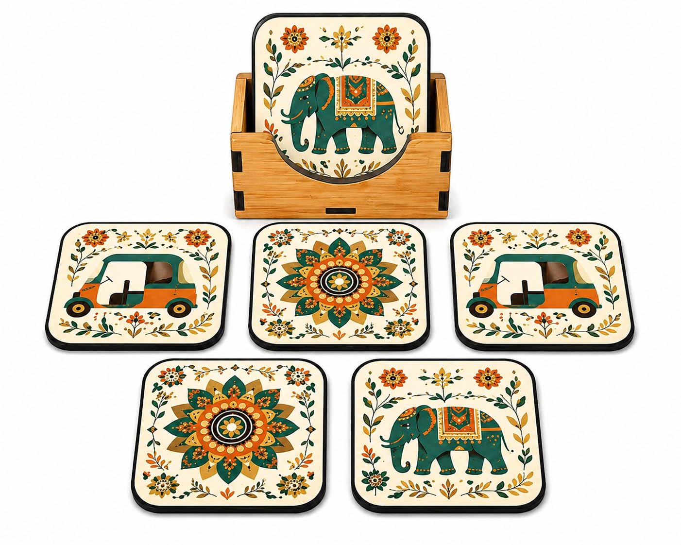 coasters set of 6 (4x4 inch) with wooden holder | mdf wooden tea coffee coasters | indian folk art design | non slip cork base, heat resistant | table decor & gift set for home