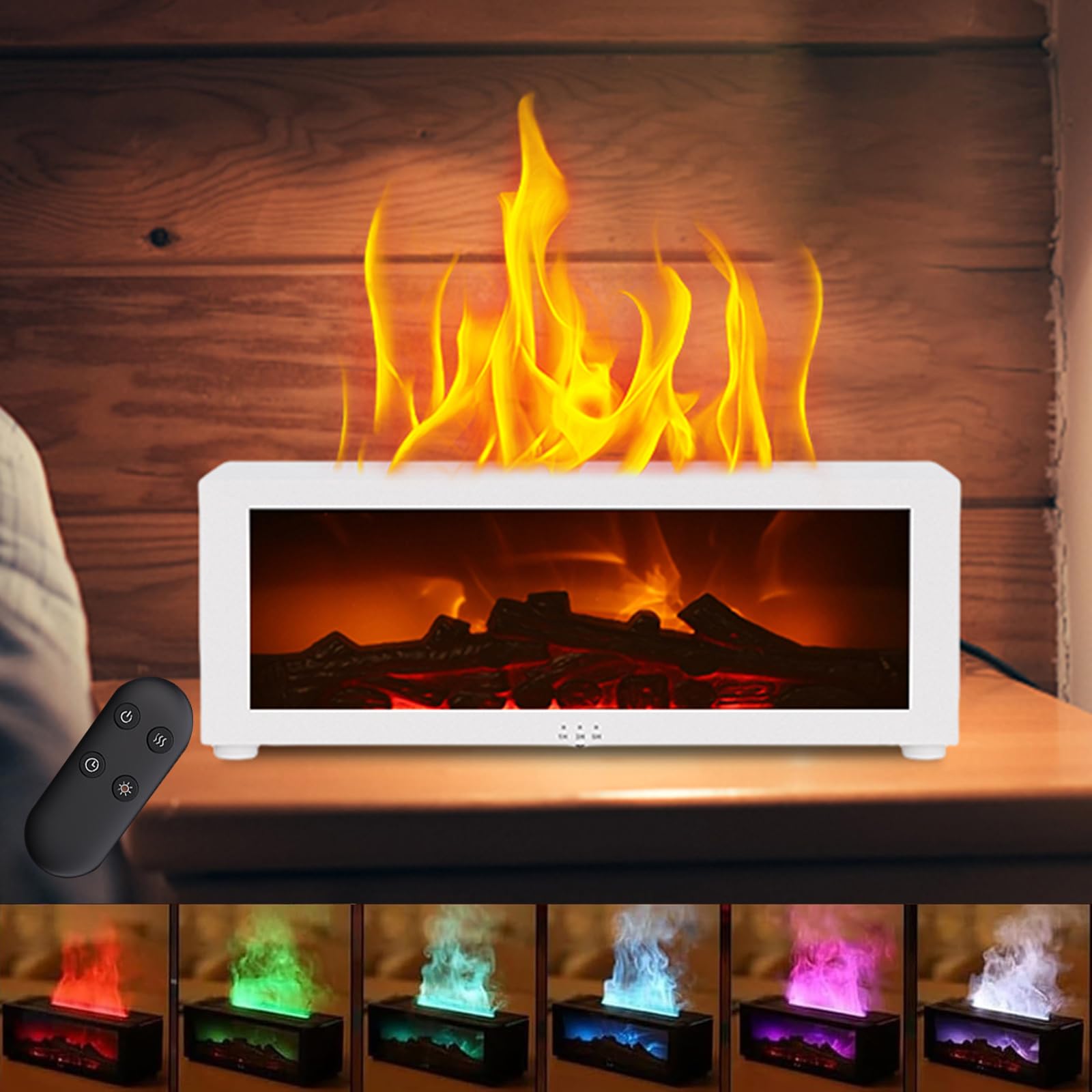 Flame Oil Diffuser, Bonfire Waterless Essential Oil Aroma Diffuser For Home, Upgrade 7 Colours Media Wall Mini Fireplace Aromatherapy Humidifier Diffuser 150ml With Remote Timer And Auto Off (White)