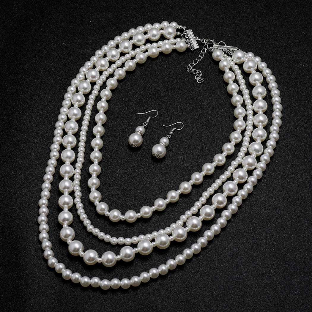 Gangel Pearl Necklace Earring Set Layered Faux Pearl Necklaces Vintage Bridal Jewelry Multi Strand Pearls Necklace for Women - Image 3