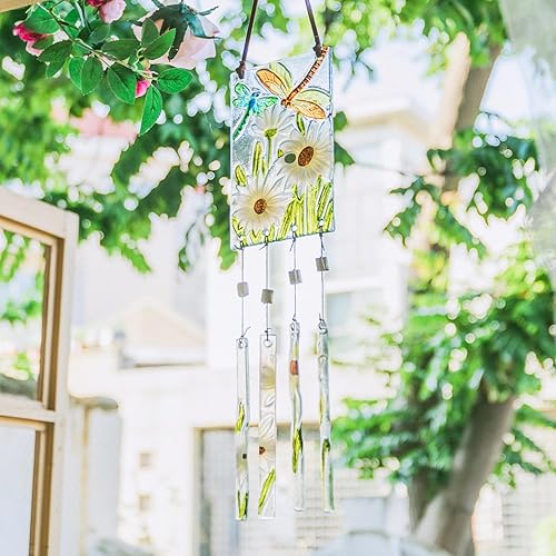 Miniatura 4 de MUMTOP Campanillas de viento para exteriores, campanillas de viento para exteriores, libélula y margarita, coloridos vitrales, adornos colgantes