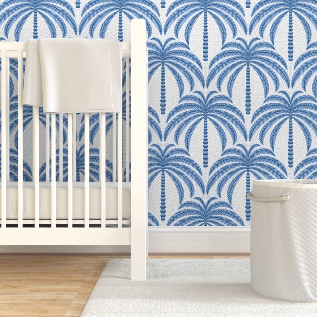 Spoonflower Peel & Stick Wallpaper 3ft x 2ft - Palm Trees Blue and White Large Scale Tropical Palms Geometric Coastal Nautical Custom Removable Wallpaper