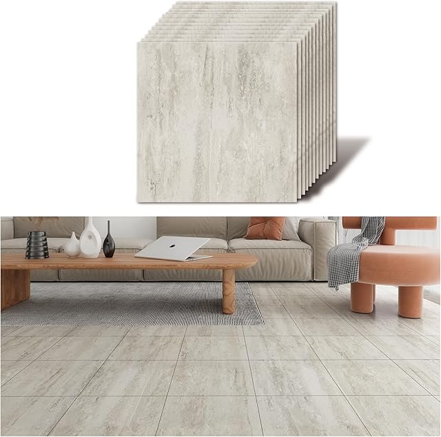 VEELIKE Vinyl Floor Tiles Self Adhesive Concrete Effect Vintage Vinyl Flooring Tile Sticker Grey Cement Wallpaper Stick on Floor Tiles Kitchen Waterproof Bathroom Removable 1.5mm 30cm x 30cm 12 Pieces