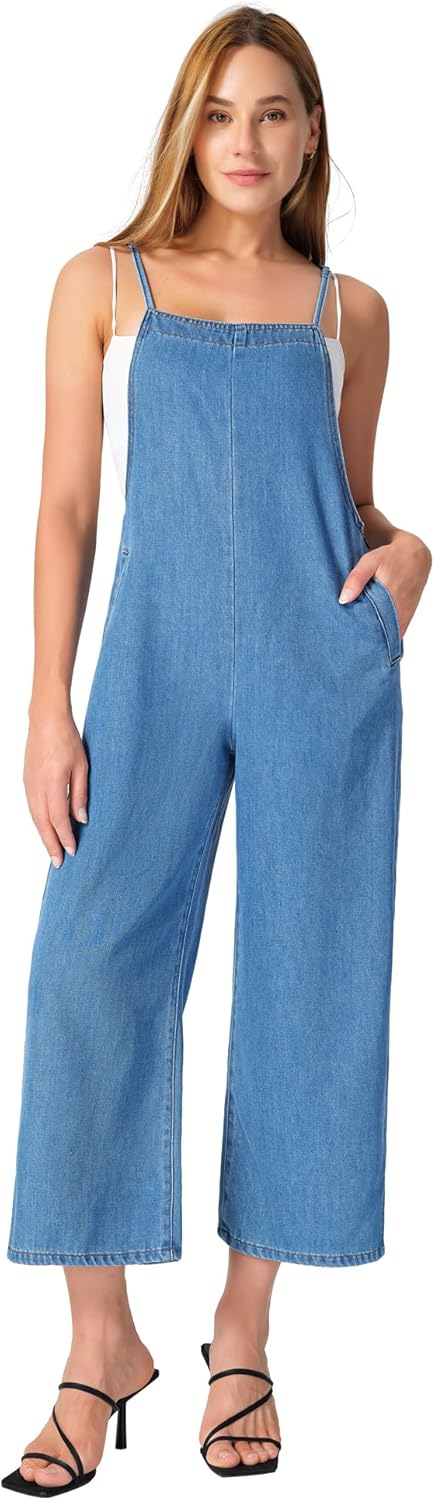 roswear Cropped Overalls for Women Baggy Wide leg with Side Zip Adjustable Strap