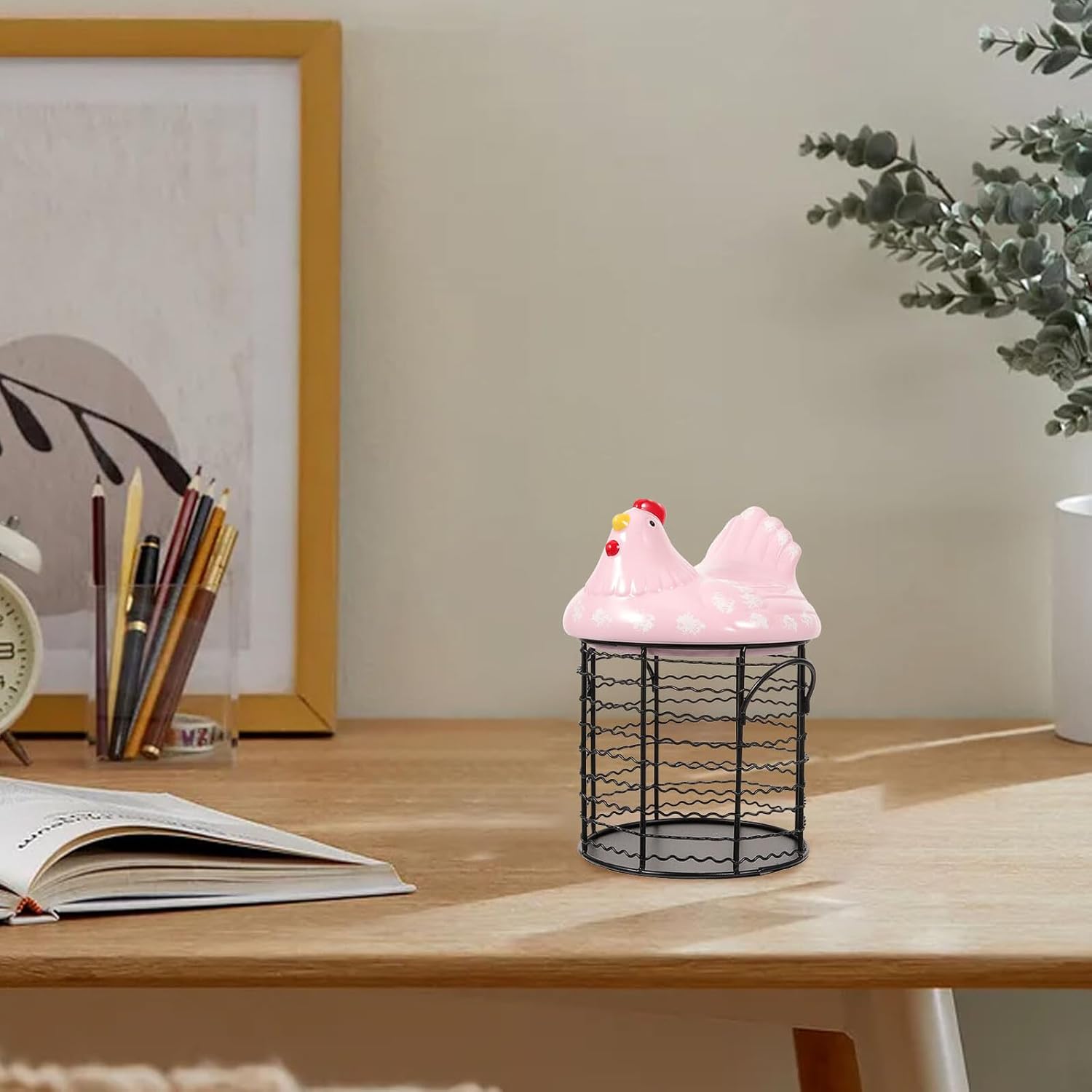 Multi-function Ceramic and Wire Egg Basket with Hen-shaped Lid, Decorative Countertop Storage for Eggs, Fruits, Garlic, and Potatoes, Kitchen Fresh Holder Basket