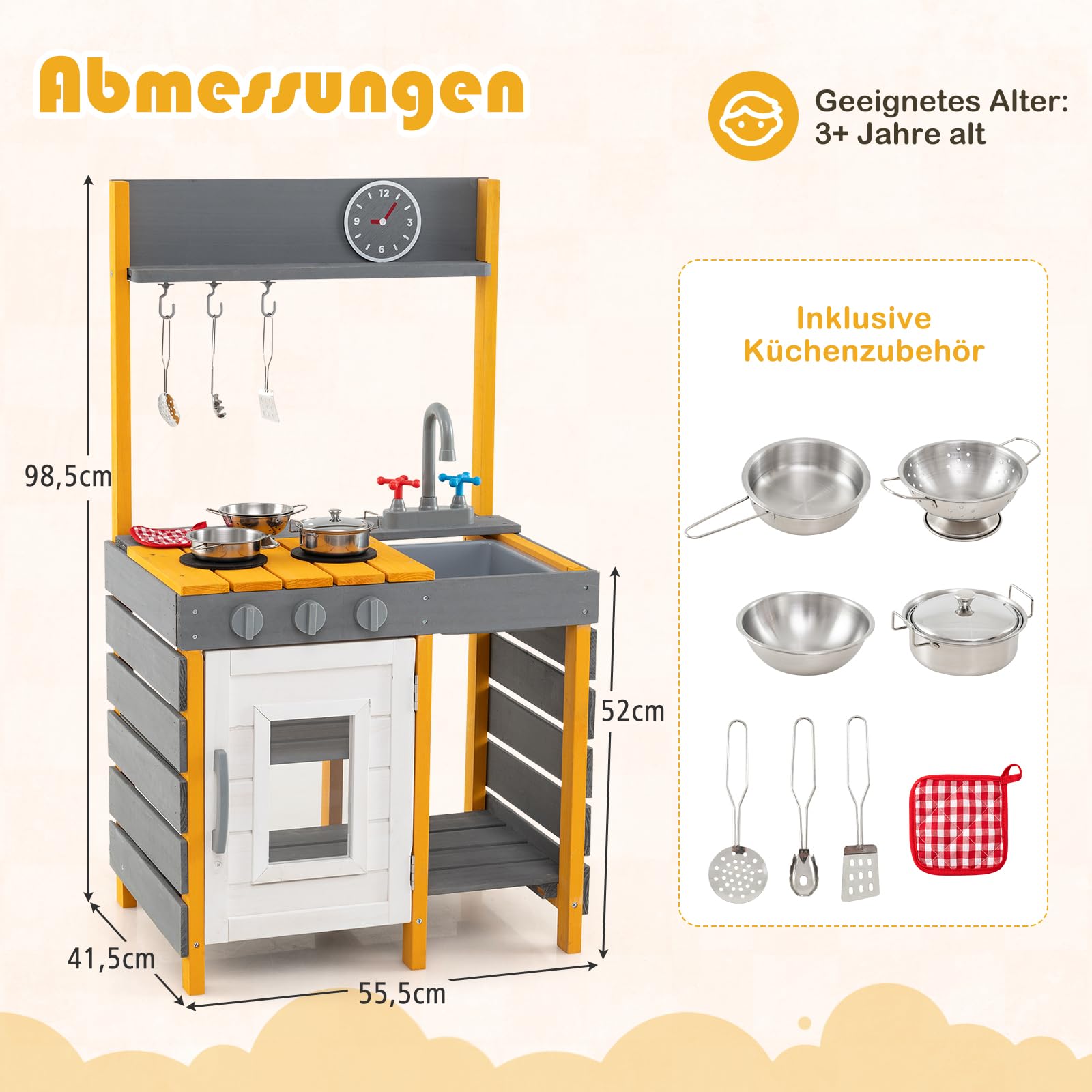 COSTWAY Matschküche Kinder Outdoor, Spielküche mit Herd & Abnehmbarer Spüle & Wasserhahn, Outdoor Kinderküche mit Kochzubehör & Haken, Outdoorküche für ab 3 Jahren