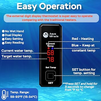 AquaMiracle 15W Small Aquarium Heater Fish Heater, Super Mini Fish Tank Heater Turtle Tank Heater for 1-3 Gal Tanks, with Dual LED Display, Dry-Run/Overheating Protection & Memory Function