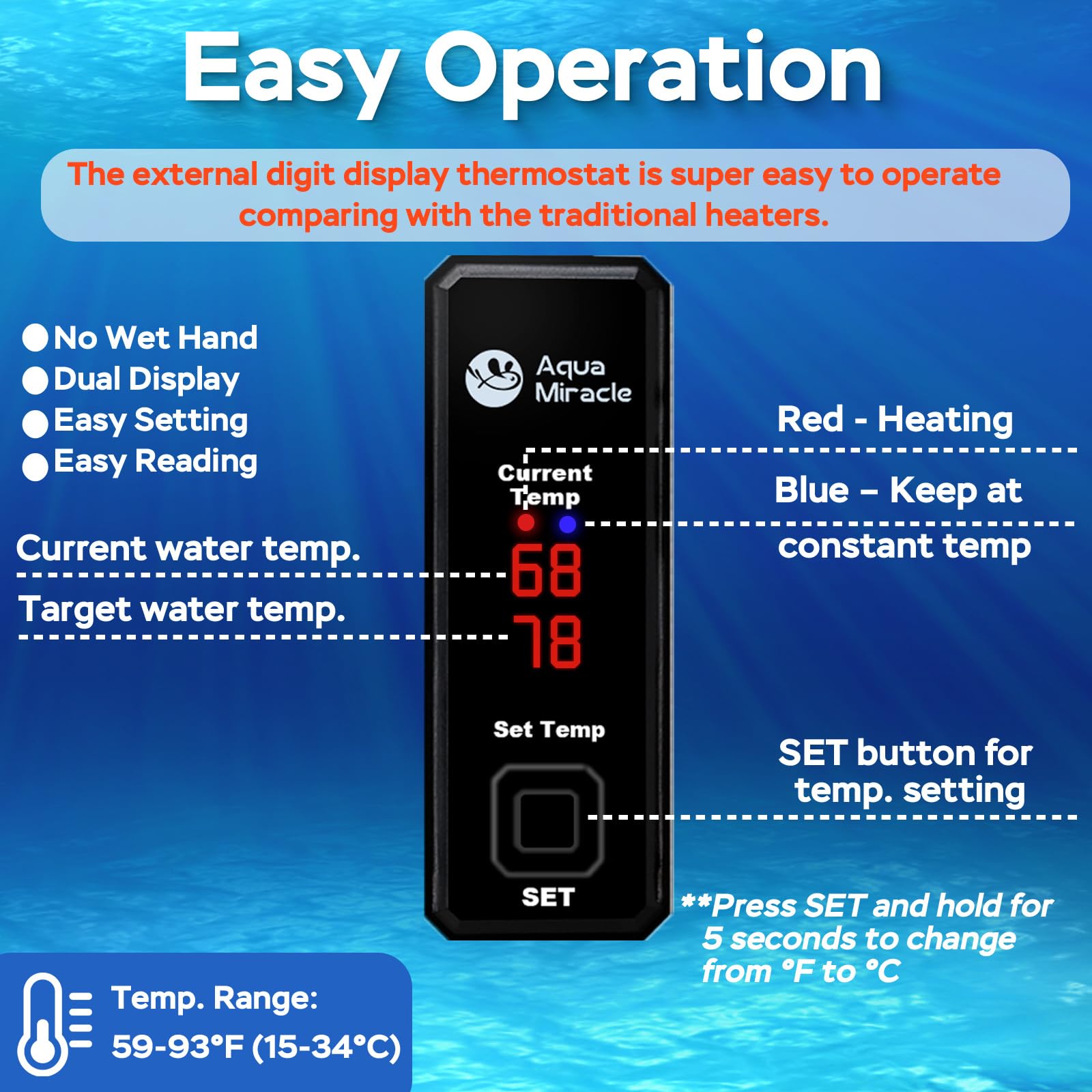 AquaMiracle Calentador pequeño de acuario de 100 W, calentador de pecera, calentador de tanque de tortuga para tanques de 10-20 galones, con pantalla LED dual, protección contra sobrecalentamiento y
