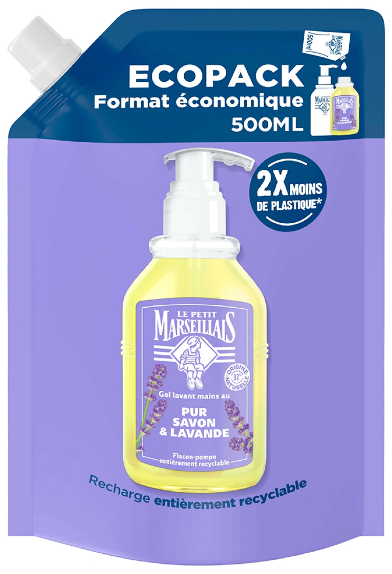 Le Petit Marseillais - Recambio de gel para manos puras, jabón y lavanda (Ecopack de 500 ml) - Recambio de jabón líquido para vial bomba - Jabón manos con aceite esencial de lavanda