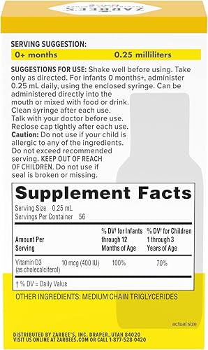 Miniatura 4 de Zarbee's Gotas de vitamina D para bebés, 400 UI (10 mcg) Suplemento líquido para bebés y niños pequeños, recién nacidos y mayores, jeringa gotera