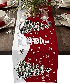 Christmas Table Runner - Cotton Linen 108 Inches, Snowman Rustic Red Snowflake Bed Runner Dress Scarves, Farm Xmas Tablerunner for Dining/Holiday/Coffee Table 13"x 108"