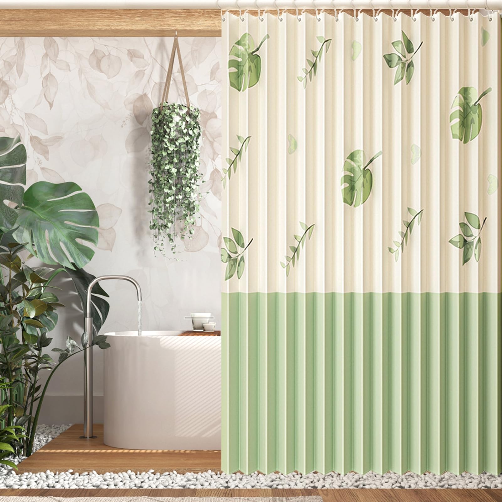 Momooda Cortina Ducha de Lino Plegable e Impermeable con Ganchos, Cortina de Ducha Antimoho Magnética Estampada para Baño, A Prueba de Salpicaduras, Hojas Verdes, 120x200cm