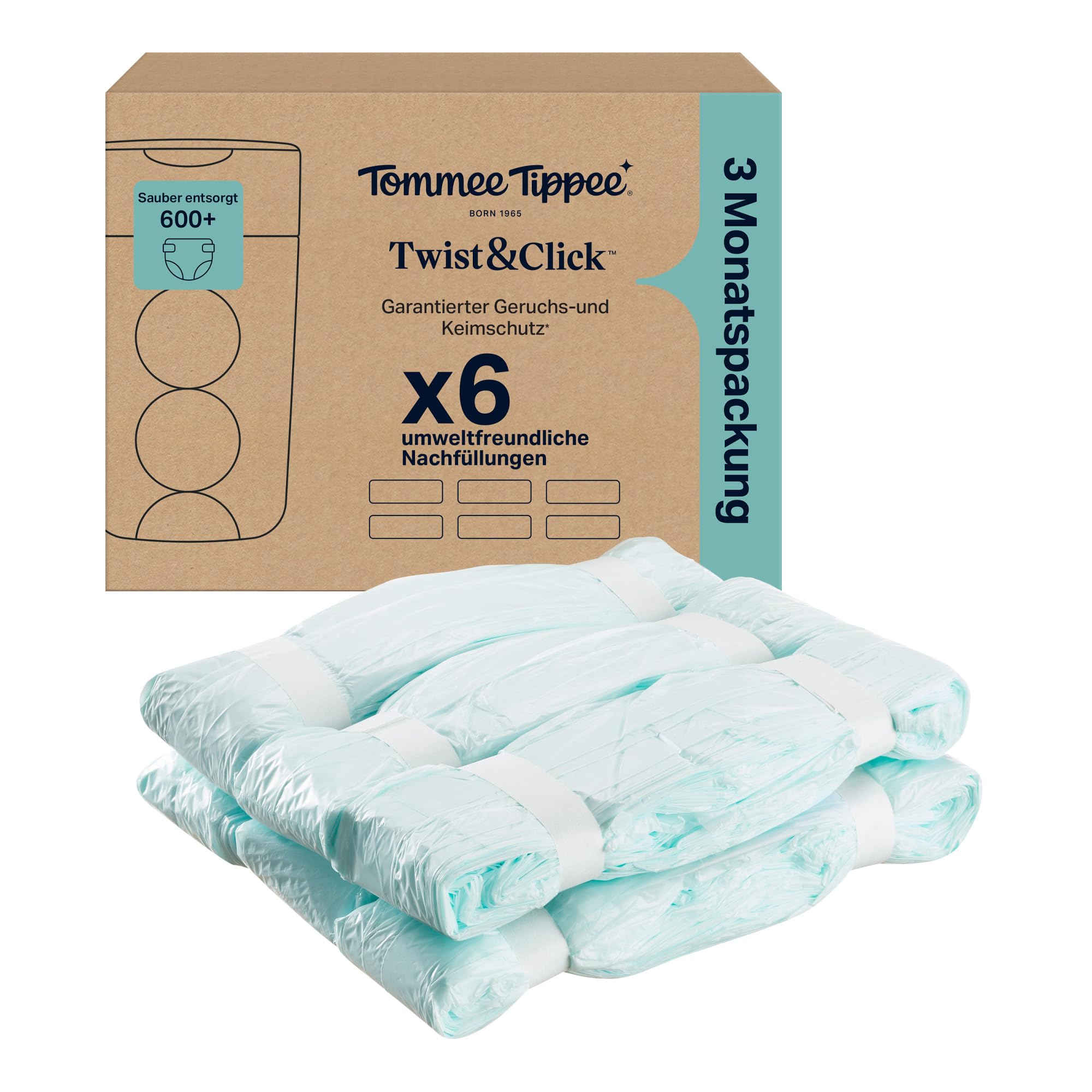 Tommee Tippee Twist & Click Nachfüllfolie für Windeleimer, 6er-Pack, je 10,5 m, mehrlagige antibakterielle* Folie, passend für Twist & Click Kassette, 6 x 10,5 m