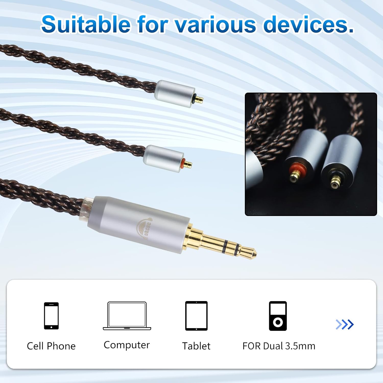 okcsc ETYMOTIC lPX T2 8 Core Upgarded OFC Audio Cable Pure Copper Alloy Earphone Cable for Westone Linum BAX T2 lPX Cable for ETYMOTIC EVO UE Live Am PRO X10-30 PRO X10-50 MACH 10-80 3.5MM 3.94FT