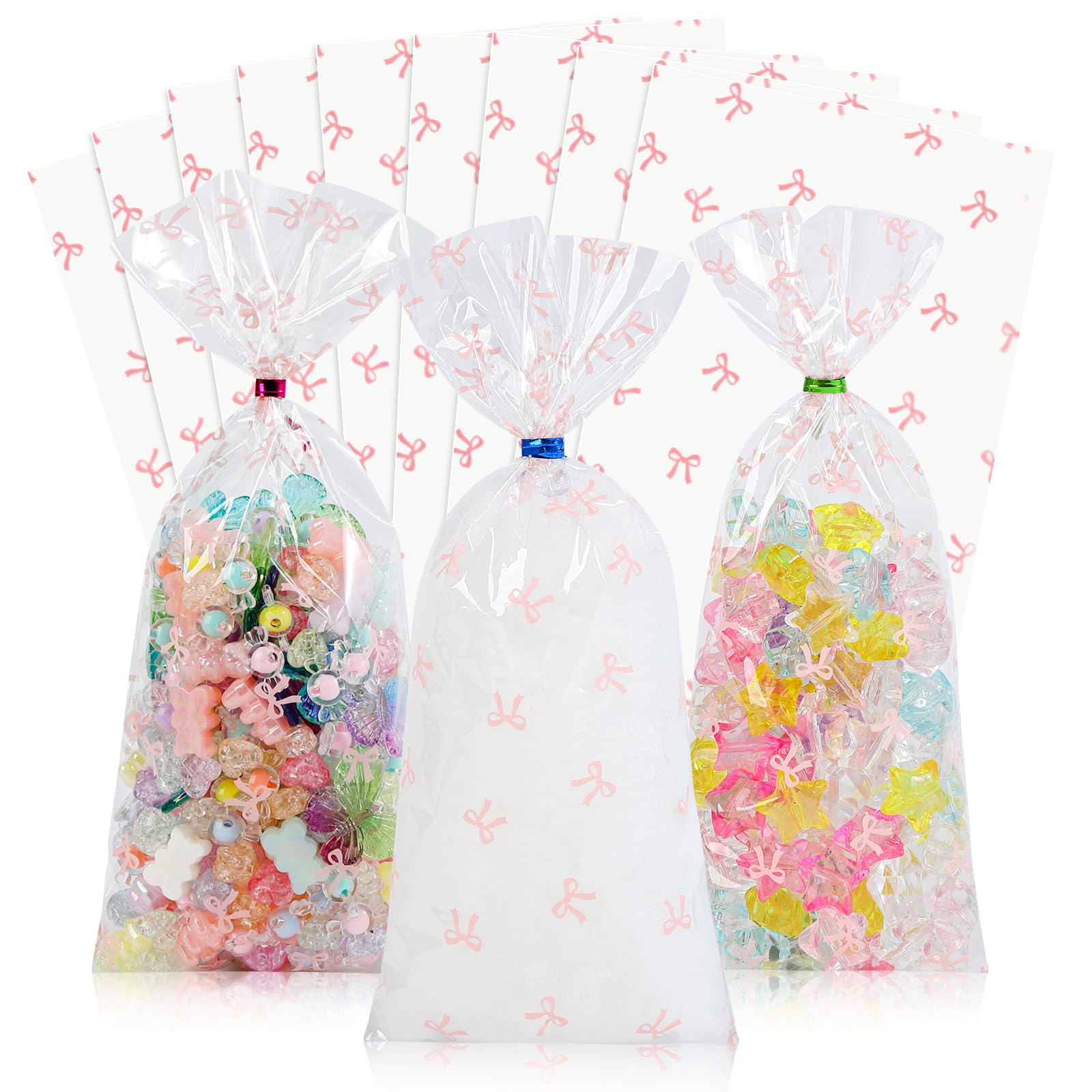Docvania Cello Cellophane Treat Gift Bags Pink bow Cookie Bags 100 pcs 4 X 9 Goodie Bag with Ties for Mother's Day, Valentine's Day and Parties,
