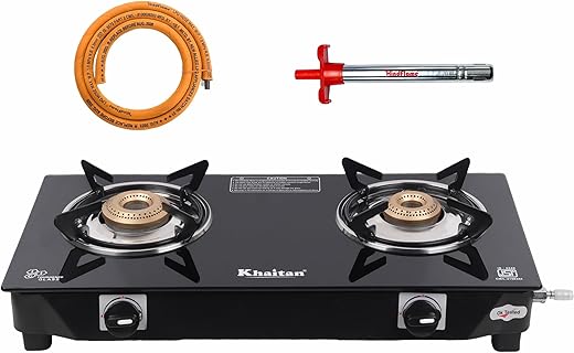 Khaitan Combo – Khaitan Gas Stove Combo – One 2 Burner Nano Gas Stove + 1 Hindflame Gas Ligher + 1 Hindflame Lighter (2B Nano & Hose Pipe, Lighter…