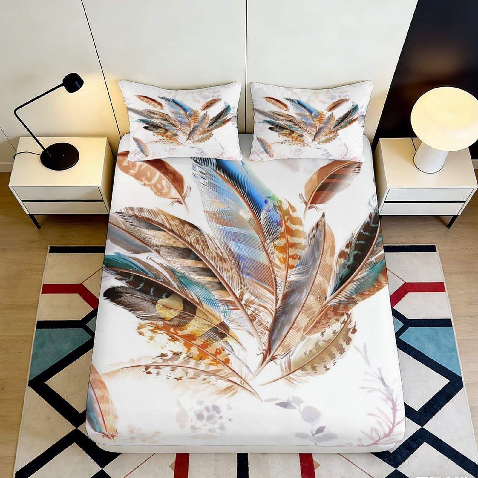 3D Printed Boho Feather Fitted Sheet Microfiber Soft Breathable Tribal Plumage Mattress Cover for Bedroom Dorm Mattress Protection Decor 90x200x25cm