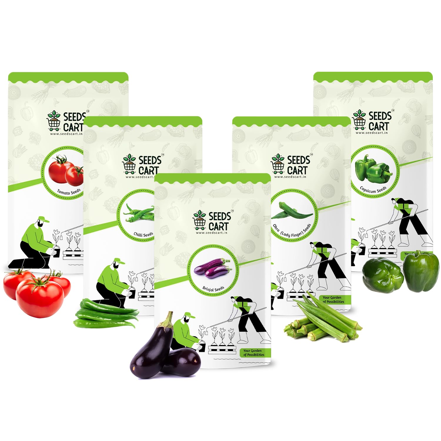 Seeds Cart Indian Veggie Combo (Tomato,Chilli, Brinjal. Okra, Capsicum) Planting Seeds | Non-Hybrid, Open Pollinated And Non-GMO | Vegetable Seed For Farming, Home & kitchen Garden (Approx 960)