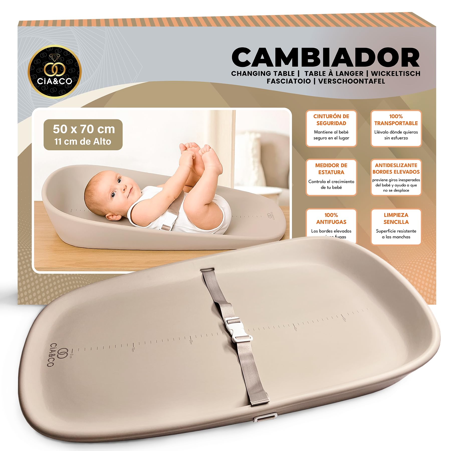 Cambiador Bebé 50x70 cm de Espuma PU Suave (No Rígido), Impermeable e Higiénico, Antideslizante, Bordes Elevados, Cinturón de Seguridad y Medidor Estatura, Portátil para Cómoda, Cama o Viaje (Beige)