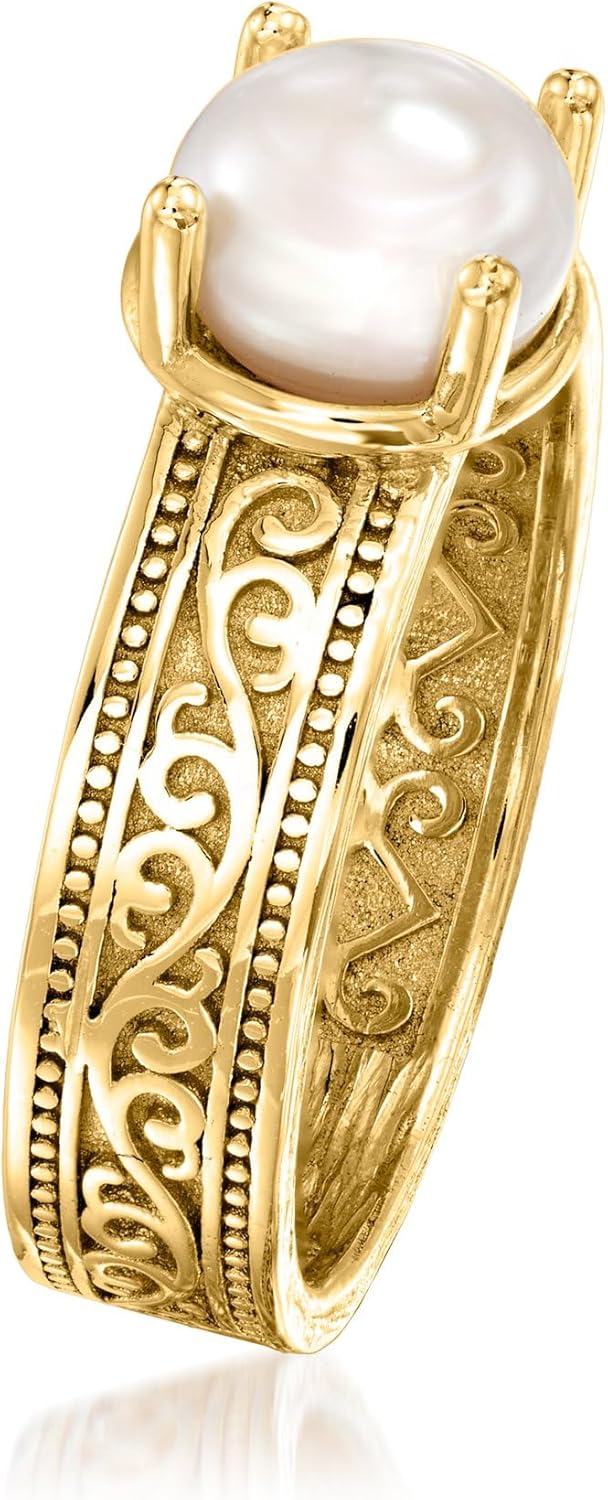 Ross-Simons 6.5-7mm Cultured Pearl Scrollwork Ring in 18kt Gold Over Sterling