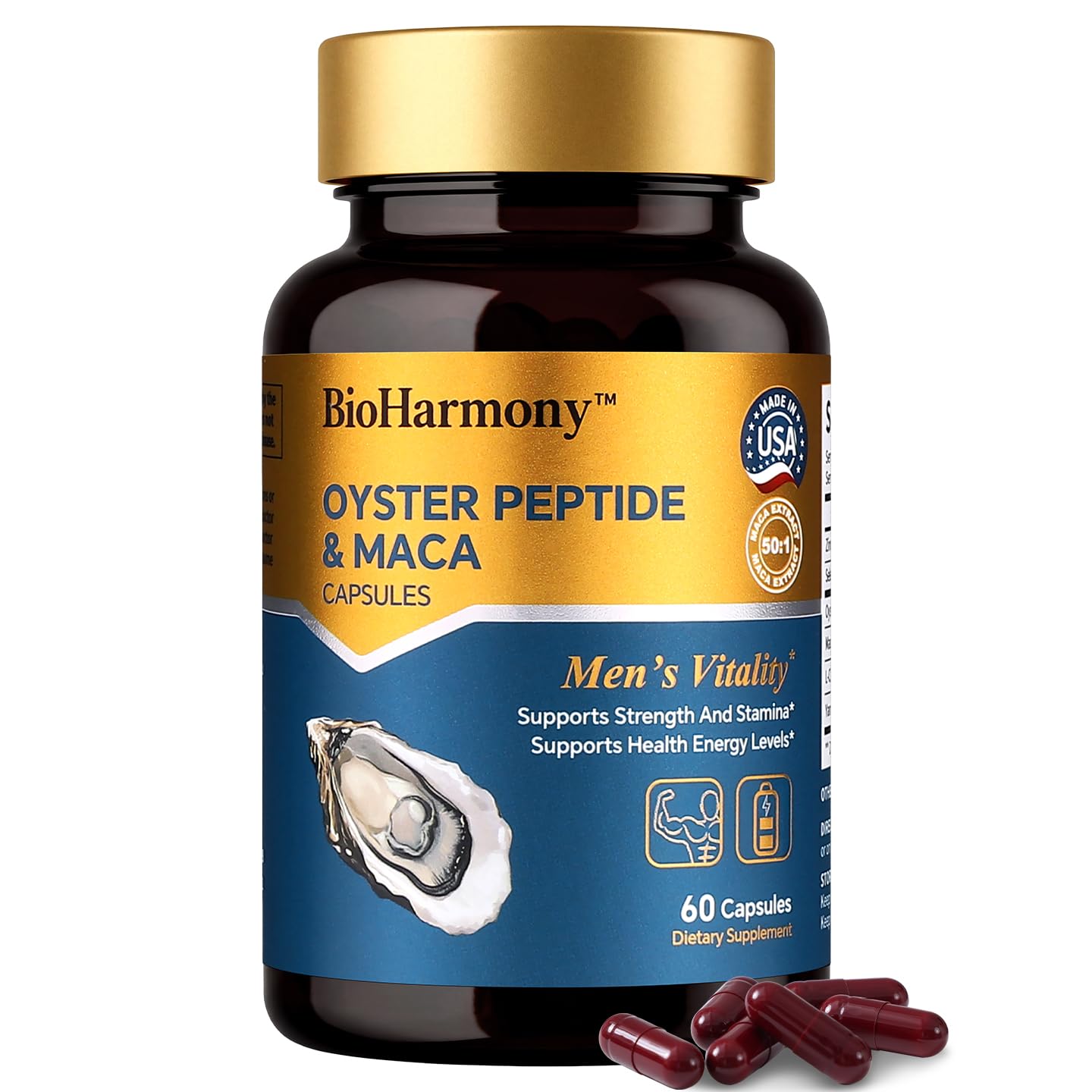 BioHarmony Zinc Supplements– Oyster Extract Oyster Peptide & Maca Root for Men –with L-Citrulline, Selenium, Yam Extract – Supports Energy, Stamina & Vitality- 60 Capsules