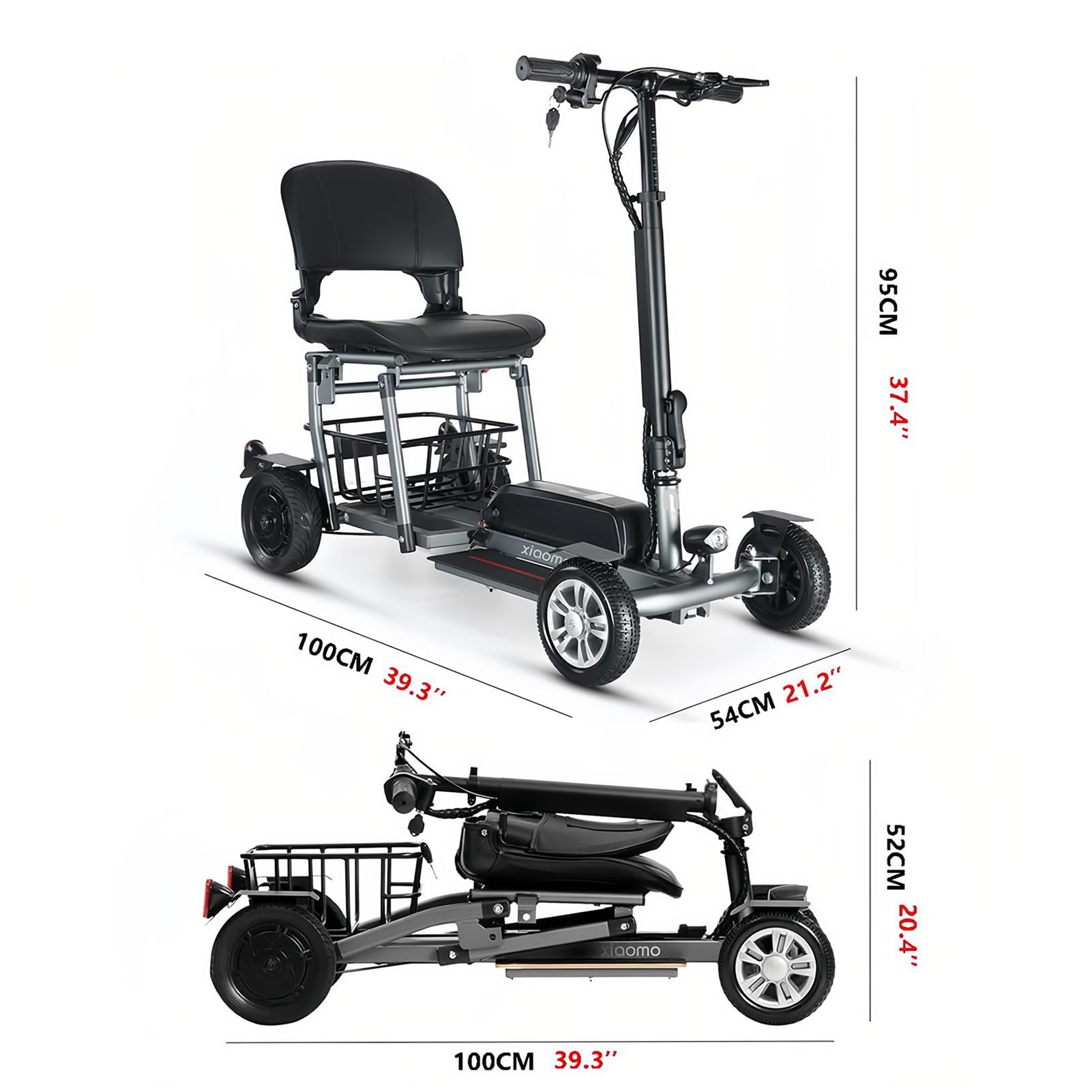 Scooter per Anziani, Scooter Elettrico Pieghevole, Scooter per Disabili A 4 Ruote, Telaio in Lega di Alluminio, con Sedile E Cestino, Carico Massimo 120 Kg/265 Libbre