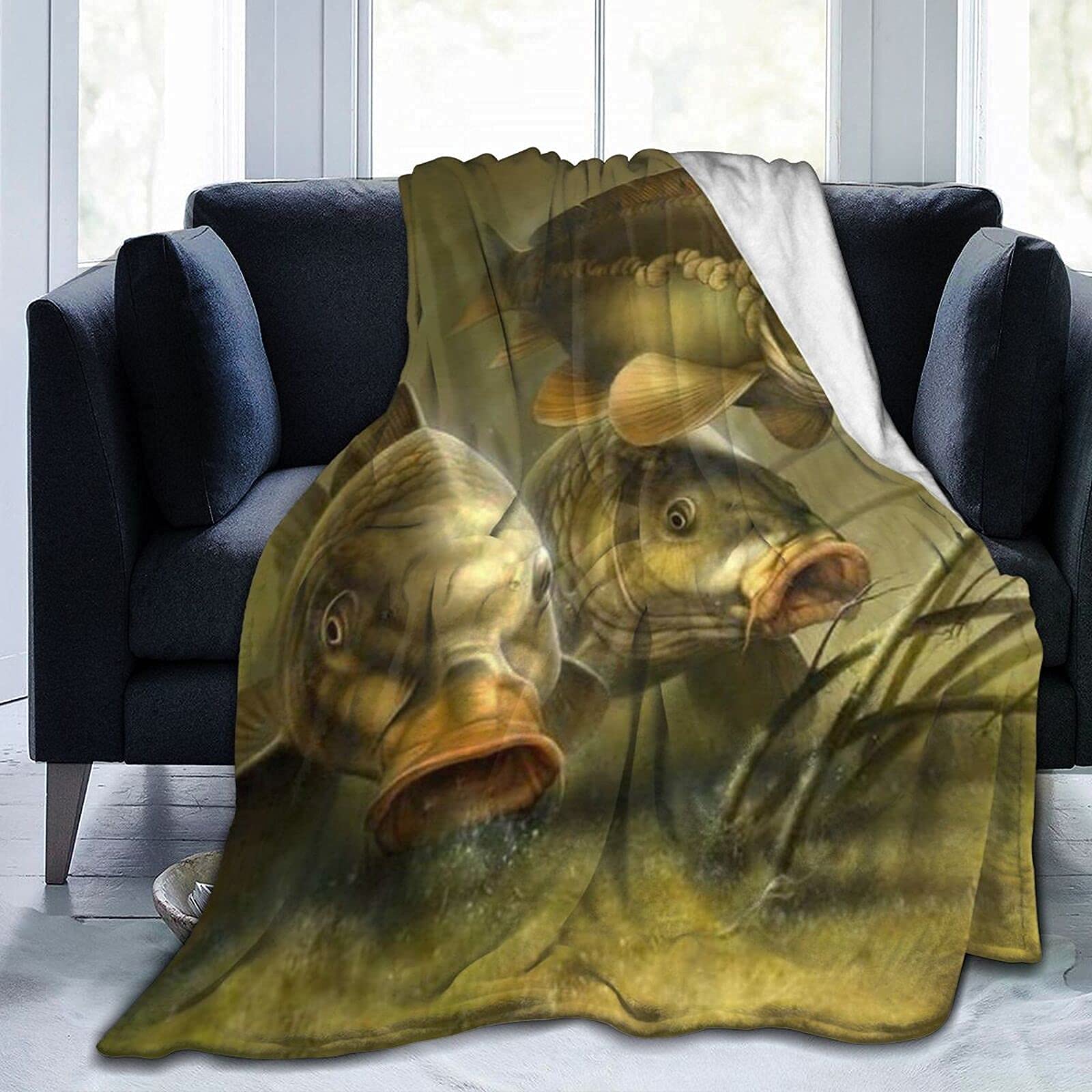 Quexoma Flannel Carp Fishing Art Ultra Warm Throw Fuzzy Super Soft Reversible Microfiber Blankets For Couch Bed Sofa 50x40 Inch