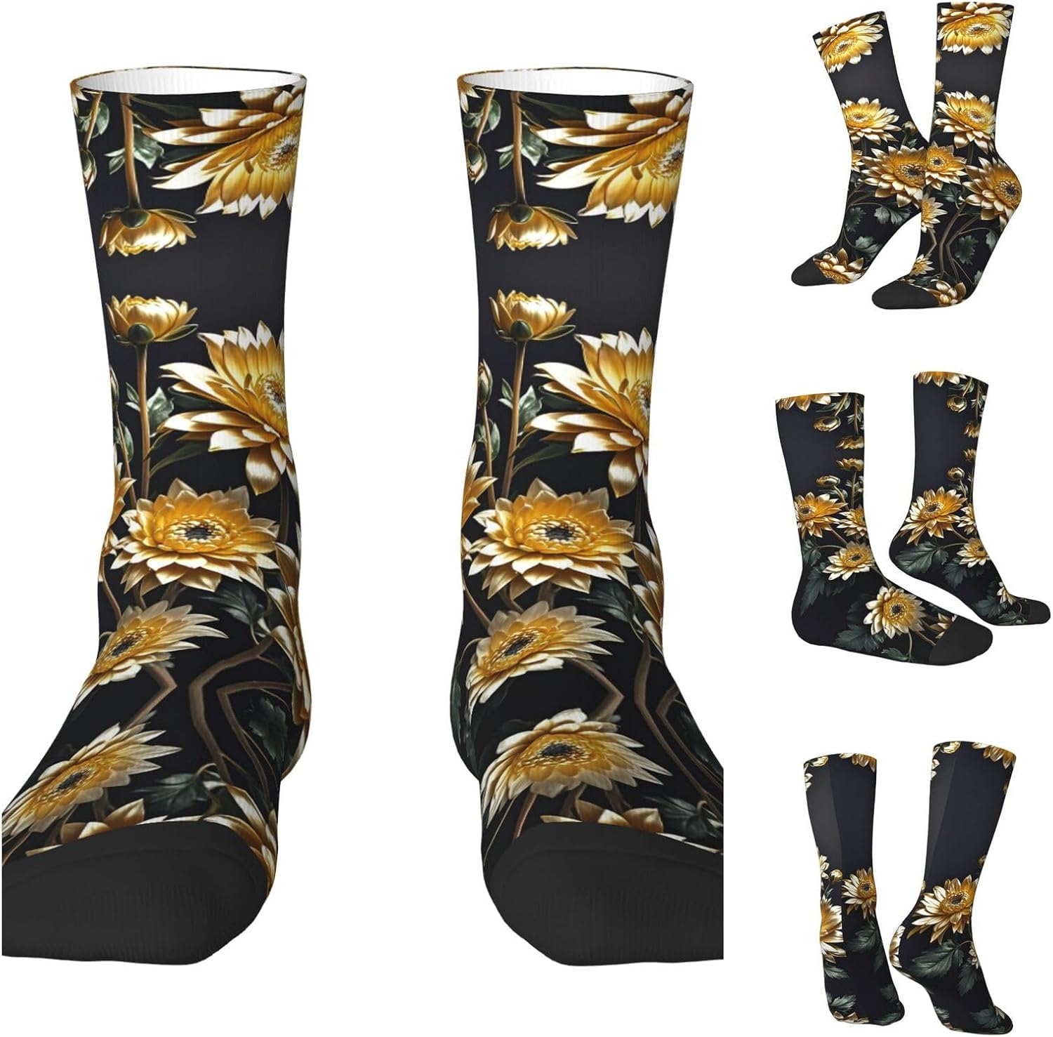 Calf Socks Casual Above Ankle Sock Gold Flowers on BlackCrew Socks for Men Women Moisture Wicking Cushion Sports