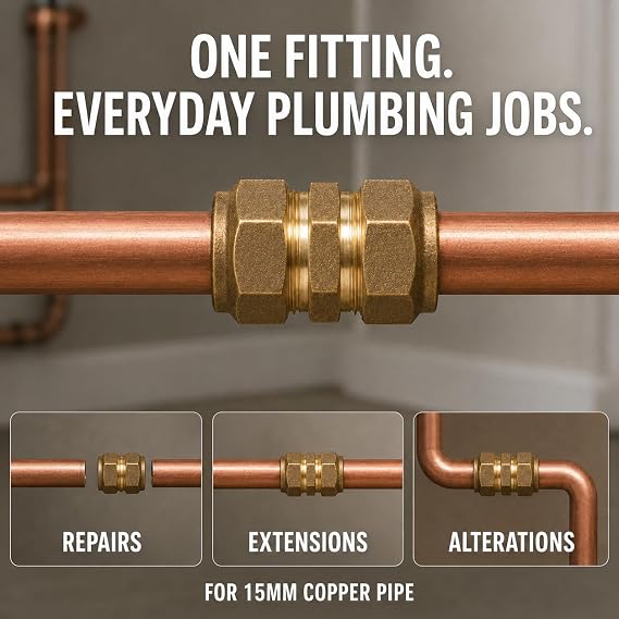 Pipestation 15mm Brass Compression Equal Couplers, Straight Connectors for Copper Pipe, Solder-Free Plumbing Fittings for Repairs and Extensions, 2 Pack