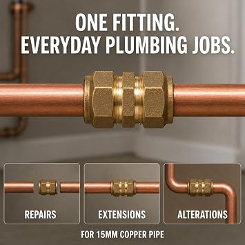 Pipestation 15mm Brass Compression Equal Couplers, Straight Connectors for Copper Pipe, Solder-Free Plumbing Fittings for Repairs and Extensions, 2 Pack