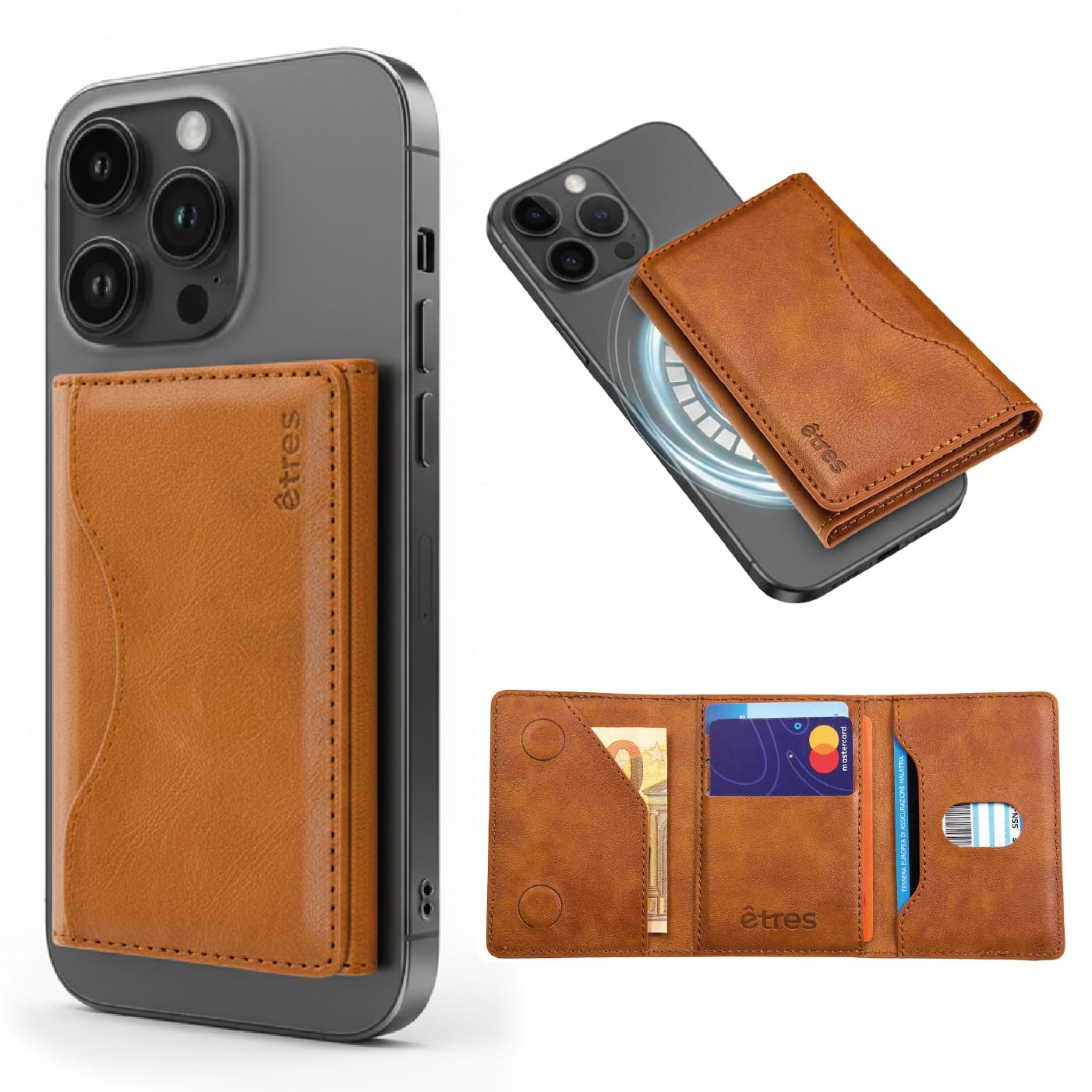 Portafoglio Etres Magnetico wallet Slim Compatibile con MagSafe per iPhone 16/15/14/13/12 Serie, Porta Carte in PU Blocco Rfid protezione, o pagamento contact less fino a 6 carte + contanti (BROWN)