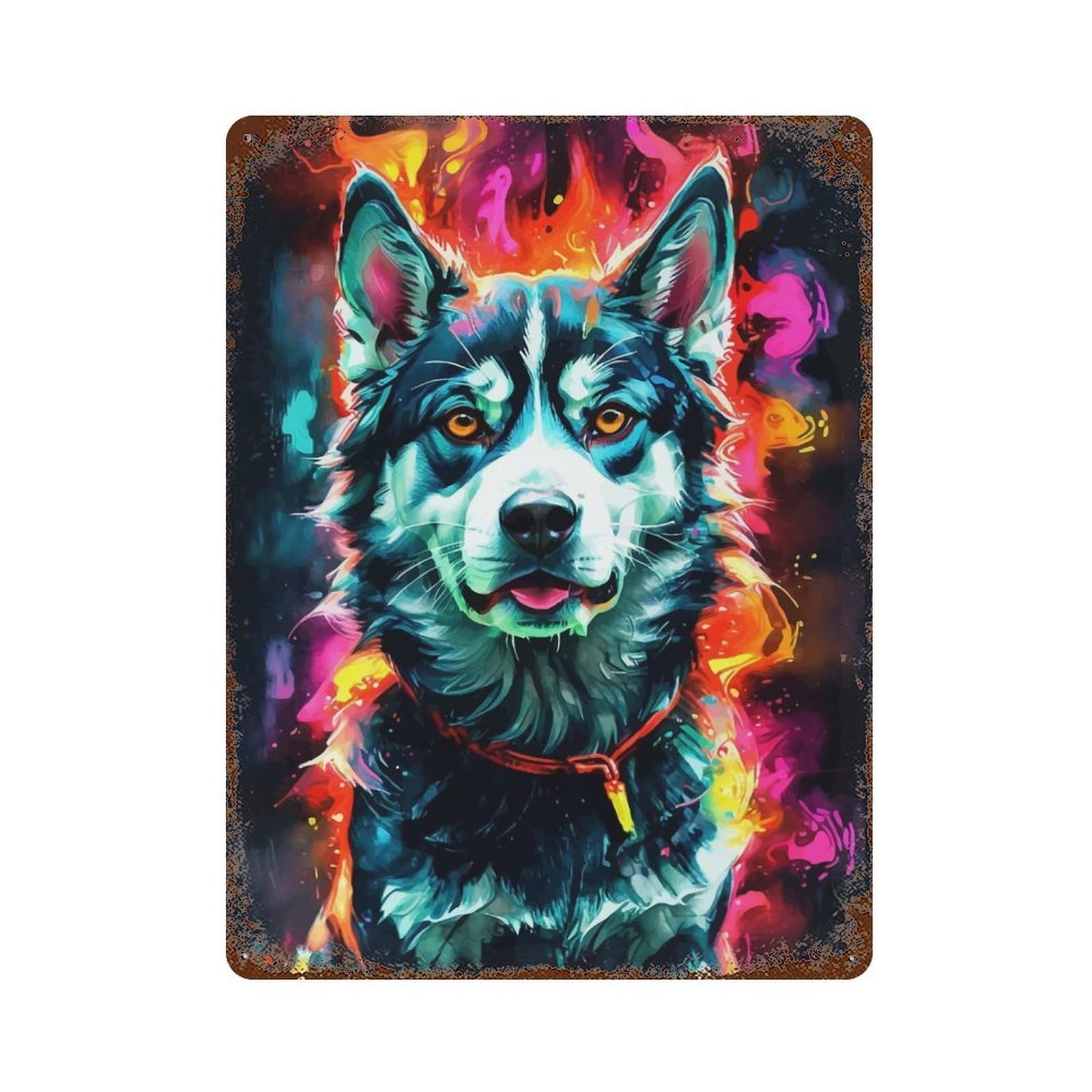 Garage Style Siberian Husky in Neon Colors Rusty Metal Tin Sign 15.7"x11.8", Industrial Home Decor for Bar And Workshop
