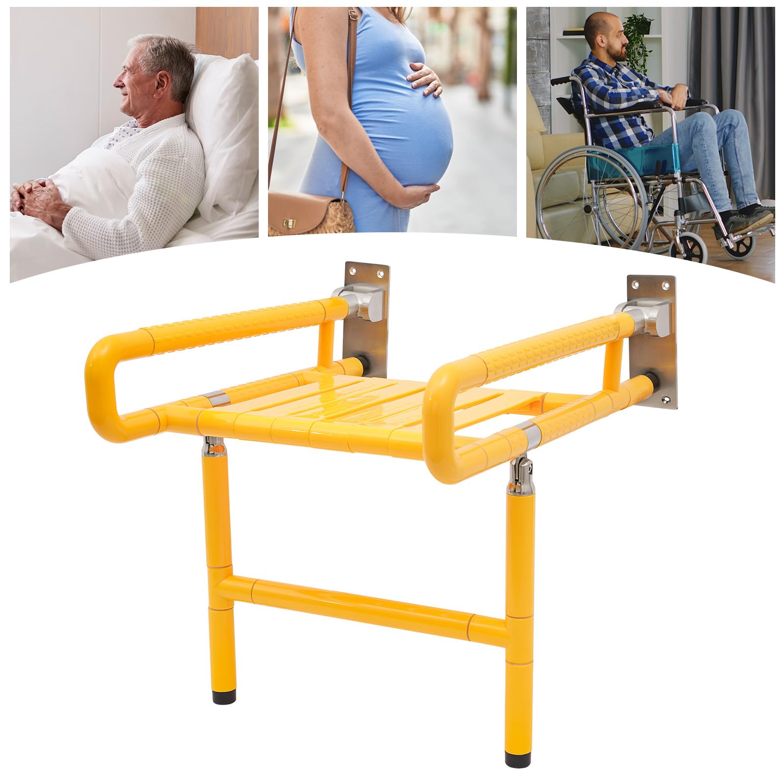 90° Folding Shower Chair Seat, 7.87in Medical Safety Shower Seat, Shower Chair Armrests, 440.92 Lbs Bearing-Load Capacity, Wall Mounted, Fluorescent Auxiliary Design, Yellow