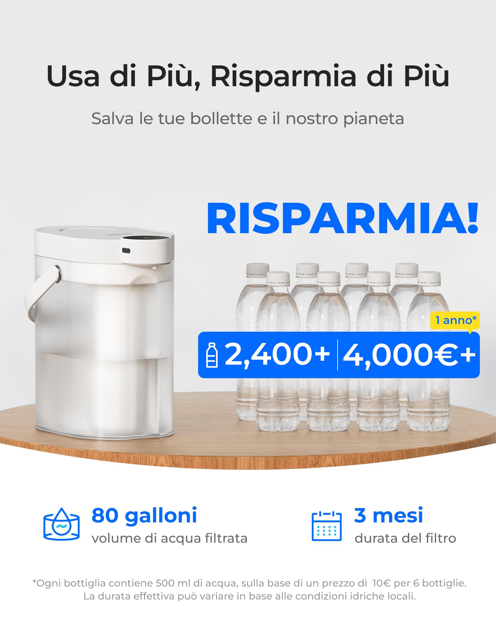 Waterdrop WD-ED11W - Brocca per filtro dell'acqua elettrica ricaricabile, 3,5 l, filtro anticalcare 3 mesi, a lunga durata, filtro istantaneo, riduce calcio, magnesio + 70 sostanze nocive