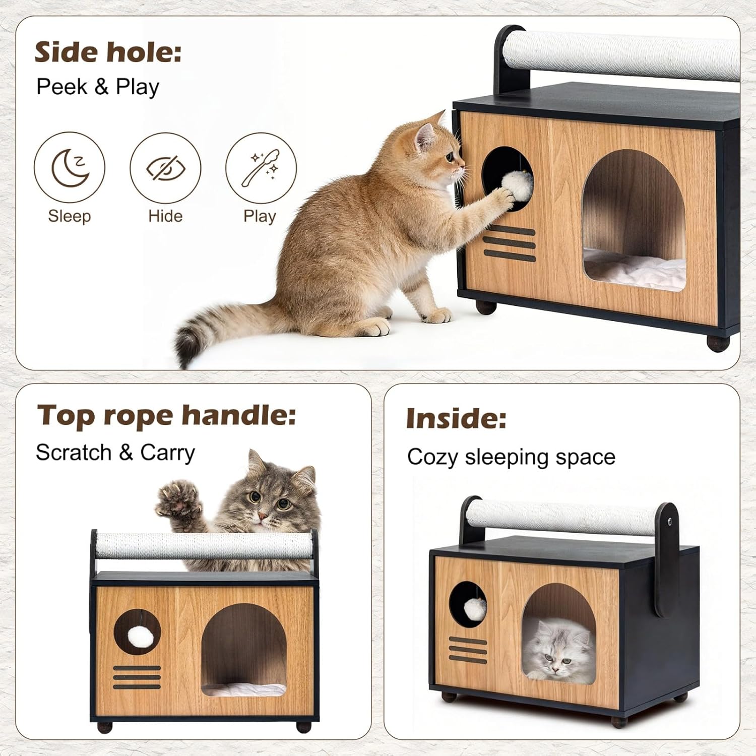 Ecove Family Cat House for Indoor Cats Modern Wooden Cat Cave Condo with Scratching Posts Washable Cushion Durable Cat Furniture Bed for Medium Large Cats