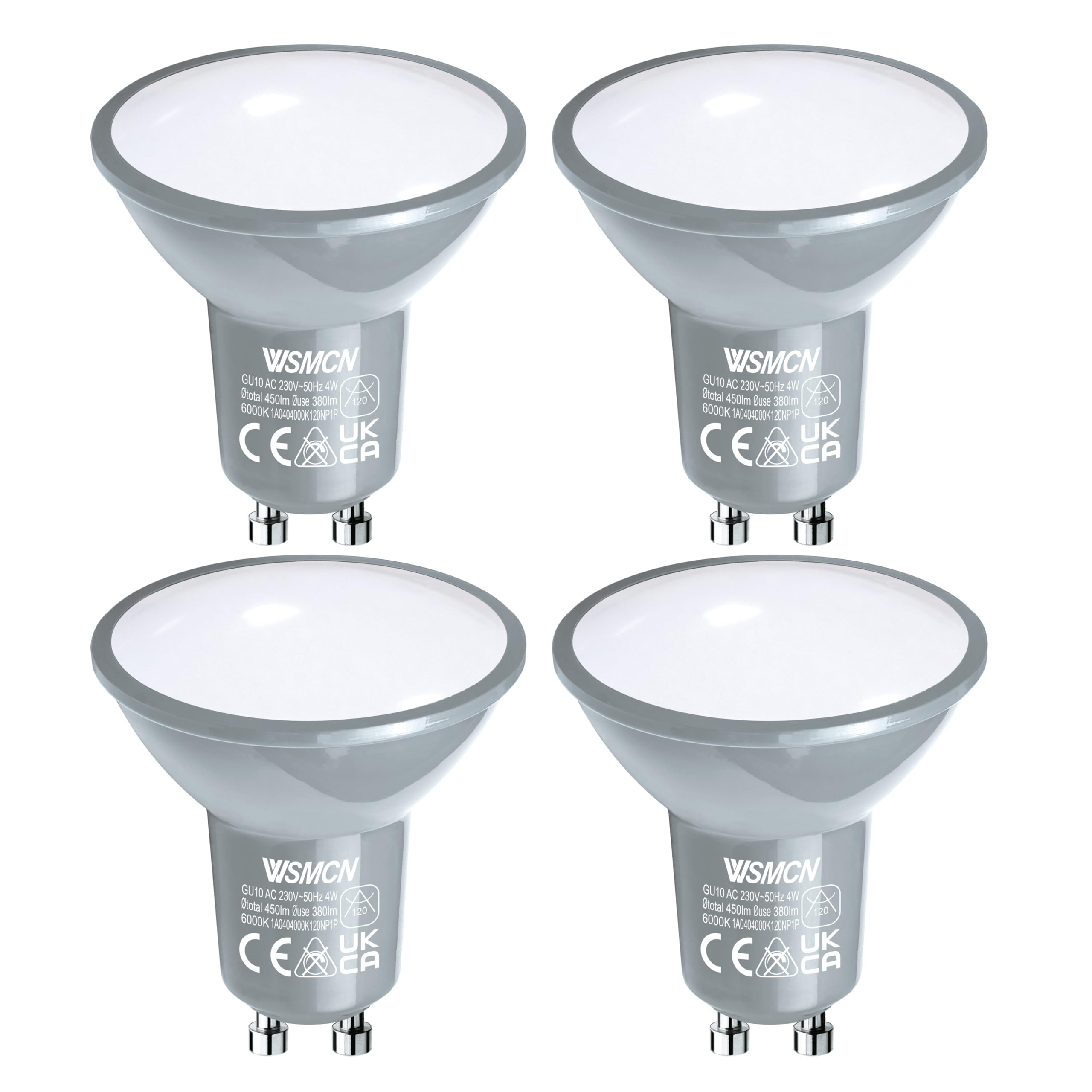 WSMCN GU10 LED Kaltweiß Lampe, 4W Ersetzt 50W Halogenlampe, 6000K 425lm Kaltweiss Glühbirnen, 120°Abstrahlwinkel Leuchtmittel, AC 230V Flimmerfrei Strahler, Nicht Dimmbar Energiesparlampe, 4 Stücke