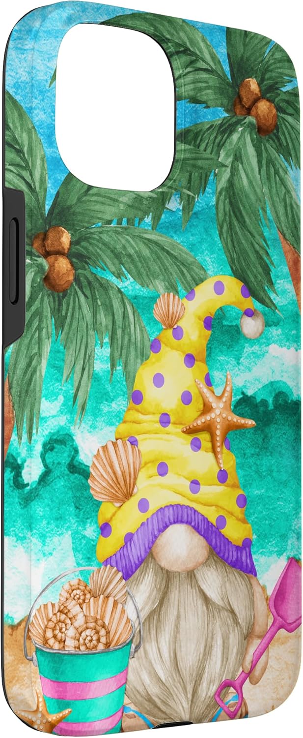 iPhone 15 Colorful Beach Gnome Under Palm Trees For Women Cute Summer Case