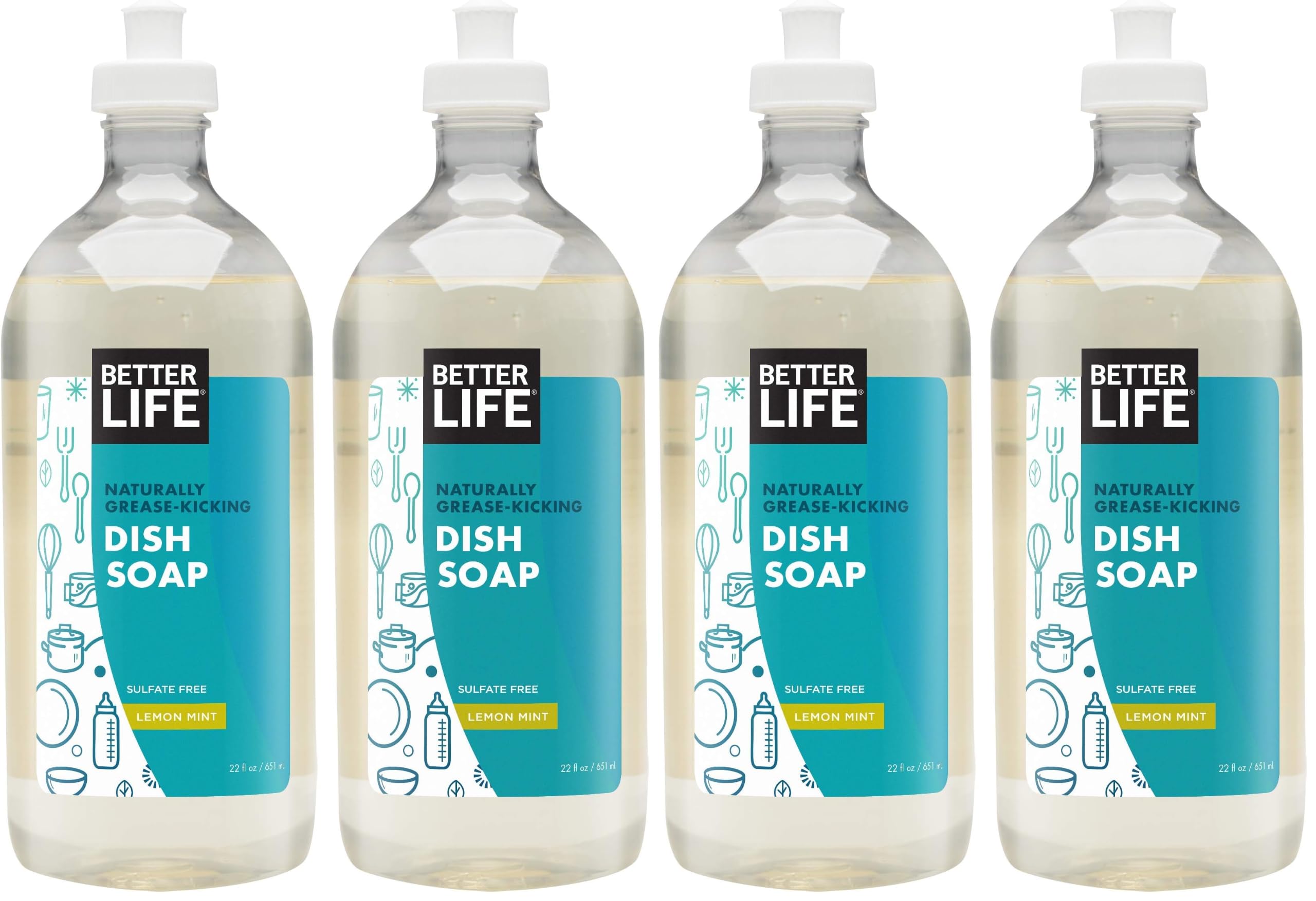 Better Life Dish Soap - Liquid Dishwashing Soap with Vitamin E and Aloe for Home &amp; Kitchen Sink - No Gloves Required Kitchen Soap for Sensitive Skin - 22oz (Pack of 4) Lemon Mint