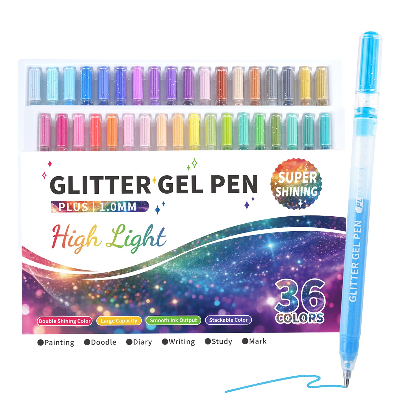 Bolígrafos de gel con purpurina, 36 colores de doble brillo, tinta de gel metálica con purpurina de 1 mm, gran capacidad, bolígrafos de color de escritura suave para adultos, notas para colorear