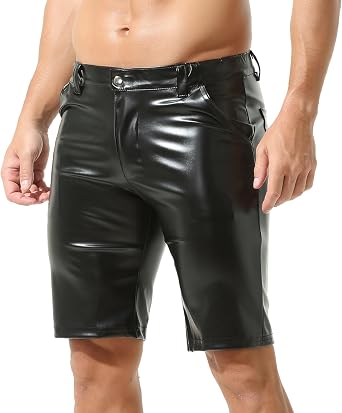 Mens PU Leather Shorts Straight Leg Button Flat Front Workout Shorts Boxer Short Pants with Pockets