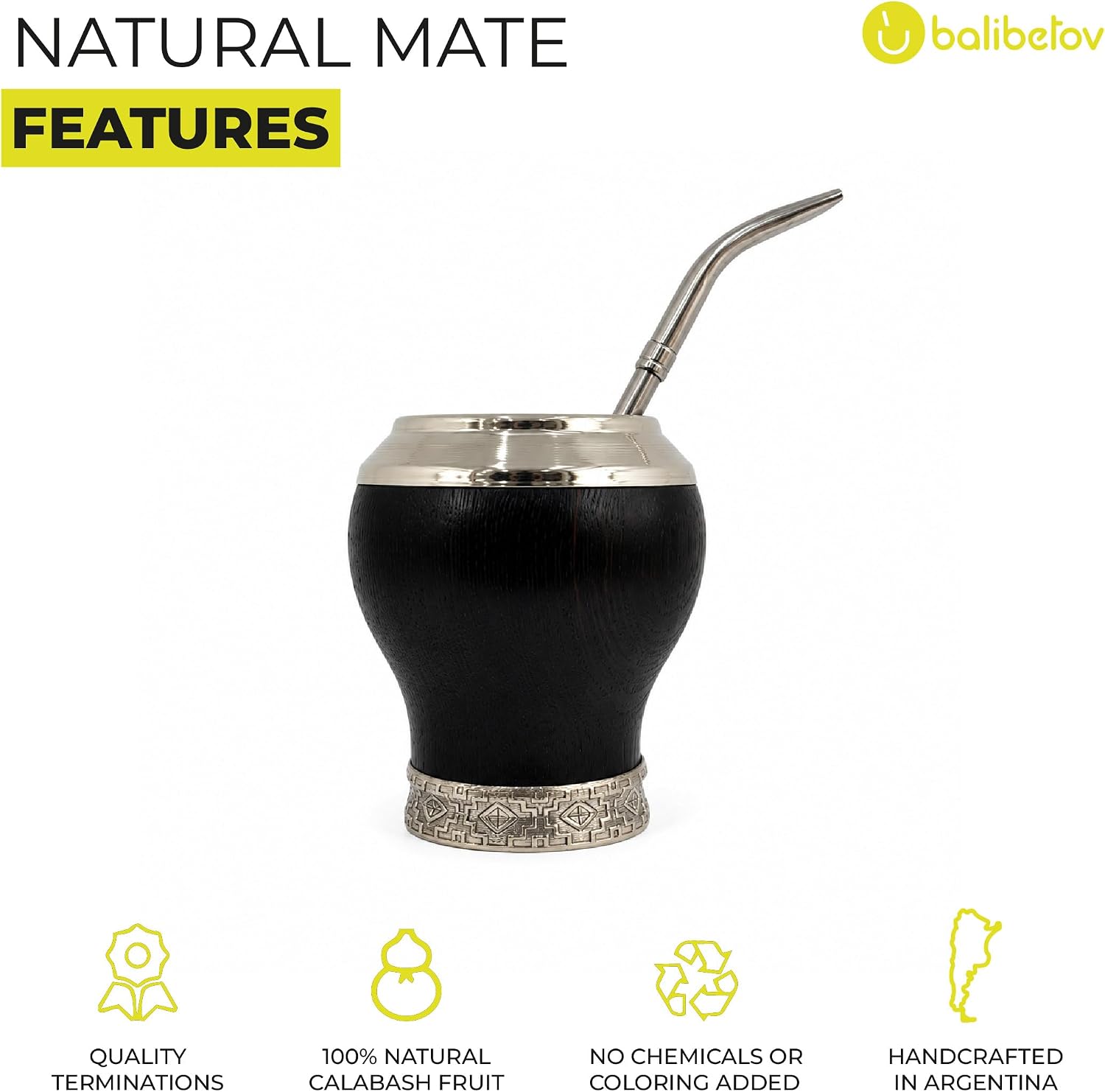 BALIBETOV Large Wooden Mate Gourd with Bombilla | Handmade Argentine Copón Mate Cup | Wide Alpaca Silver Rim & Engraved Base | Cured Dark Wood