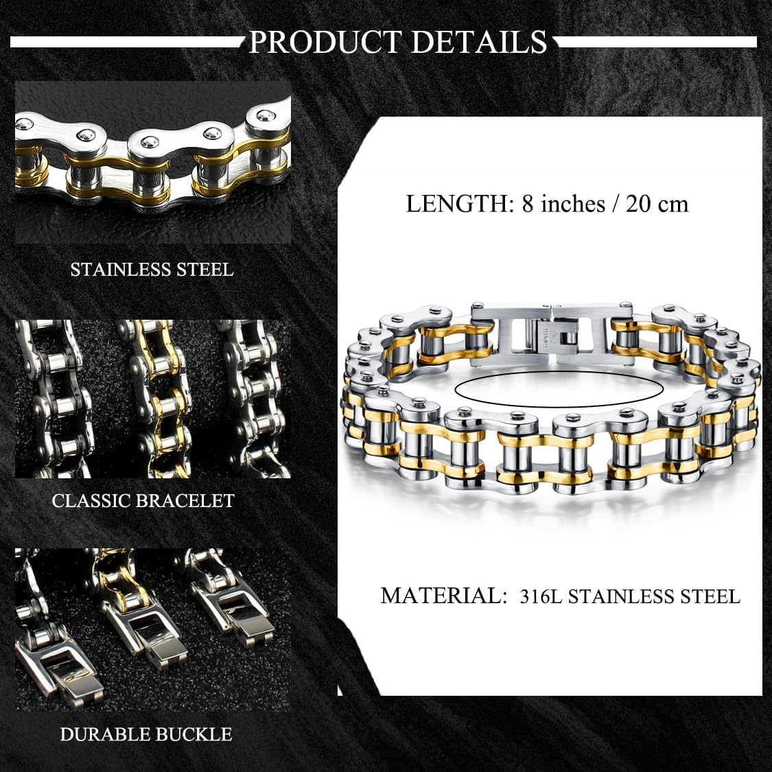 Men's Bracelet Stainless Steel Motorcycle Bike Chain Bracelet Polished 8 Inches - Image 5
