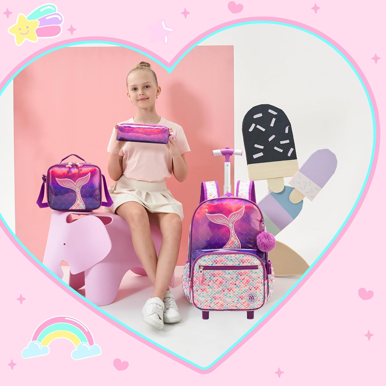 Rolling Backpack for Girls 8-12 Mermaid Kids Rolling Backpack Girls Trolley School Bag with Wheels Travel Backpacks Carry on Luggage for Kids with Lunch Box Pencil Case