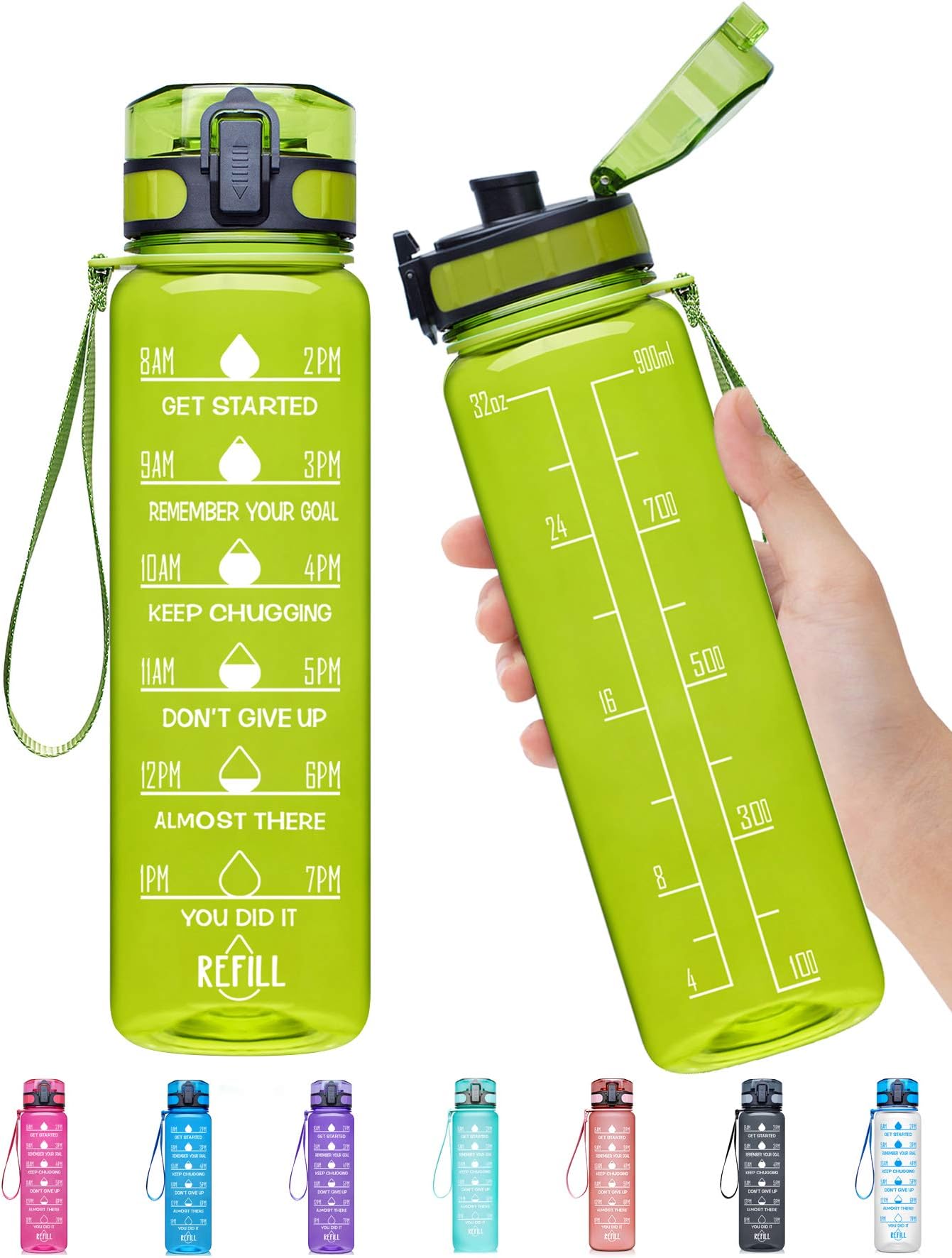 Elvira 32oz Motivational Fitness Sports Water Bottle with Time Marker & Removable Strainer,Fast Flow,Flip Top Leakproof Durable BPA Free Non-Toxic-Green