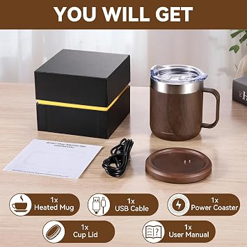 Smart Heated Coffee Cup,Mug Warmer Set for Desk (12oz-Wood)